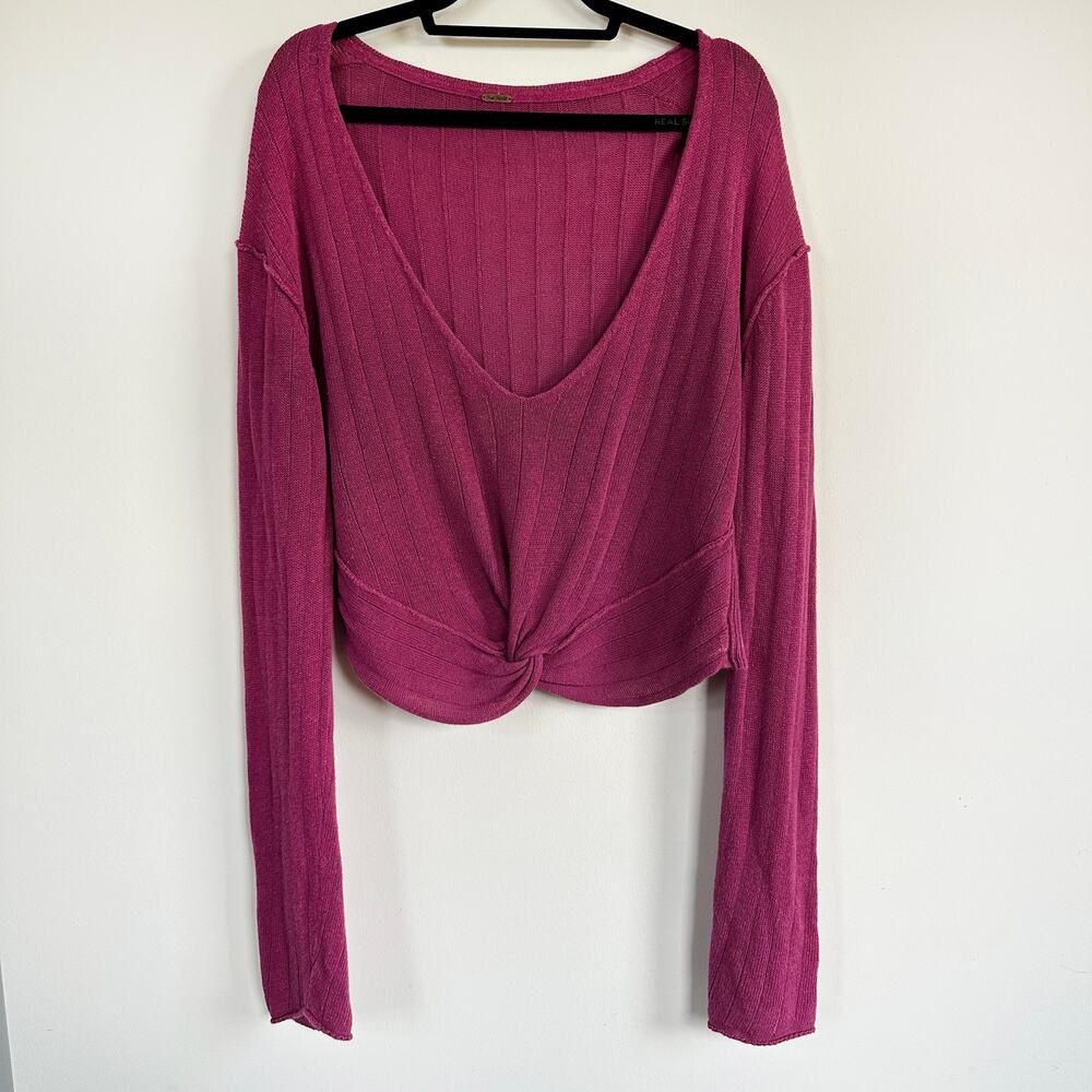 Free People M Twist Front Long Sleeve Crop Sweater Linen Blend Cosmic Berry Pink